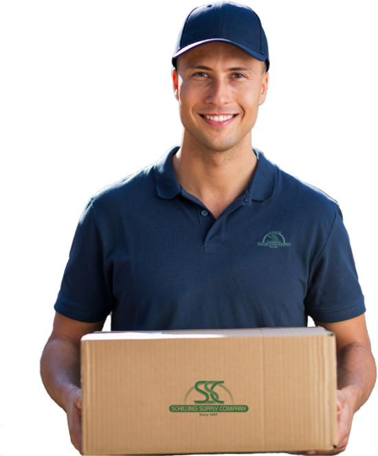 smiling delivery man with a Schilling Supply shirt and carrying a box with Schilling Supply logo on it