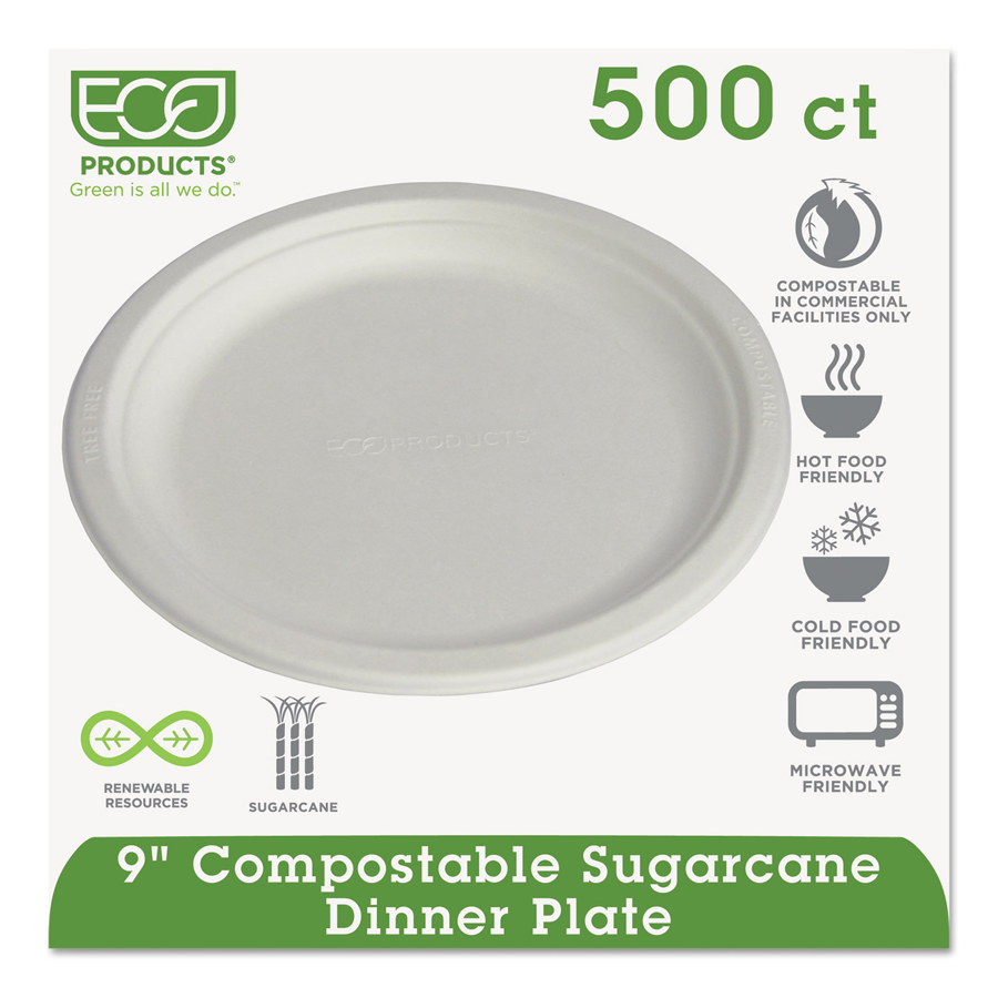 Bagasse Plate 9" White Compostable 500/cs