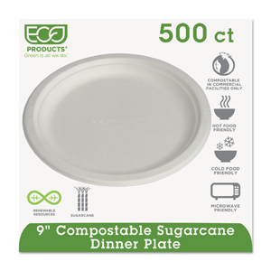 Bagasse Plate 9" White Compostable 500/cs